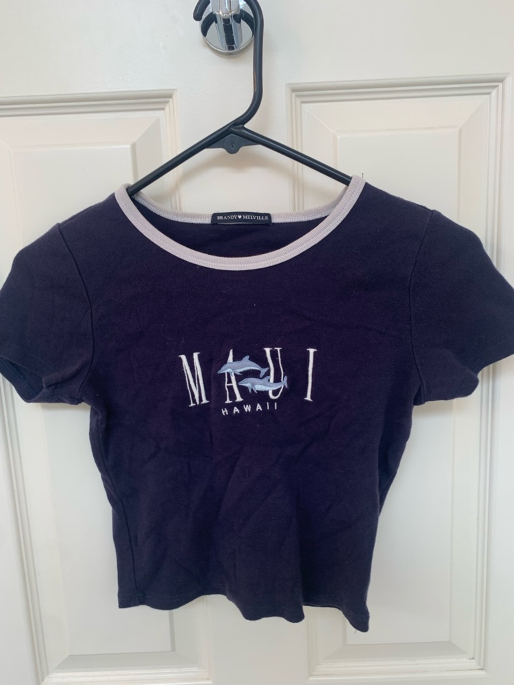 Brandy Melville Navy Short-Sleeve 'Maui Hawaii' Tee with Cream Trim - Like New